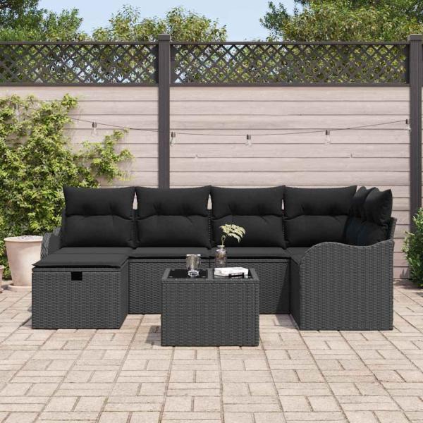 7-teiliges Garten Sofa Set mit Kissen Schwarz Poly-Rattan, 2-Sitzer Garten Sofa mit Kissen Schwarz Poly-Rattan
