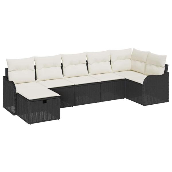 7-Teiliges Garten Sofa Set mit Kissen Schwarz Poly Rattan, 2-Sitzer Garten Sofa mit Kissen Schwarz Poly Rattan