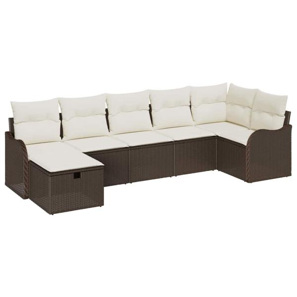 7-teiliges Garten Sofa Set mit Kissen Braun Poly Rattan, 2-Sitzer Garten Sofa mit Kissen Braun Poly Rattan