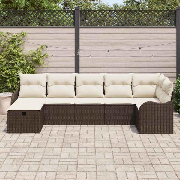 7-teiliges Garten Sofa Set mit Kissen Braun Poly Rattan, 2-Sitzer Garten Sofa mit Kissen Braun Poly Rattan
