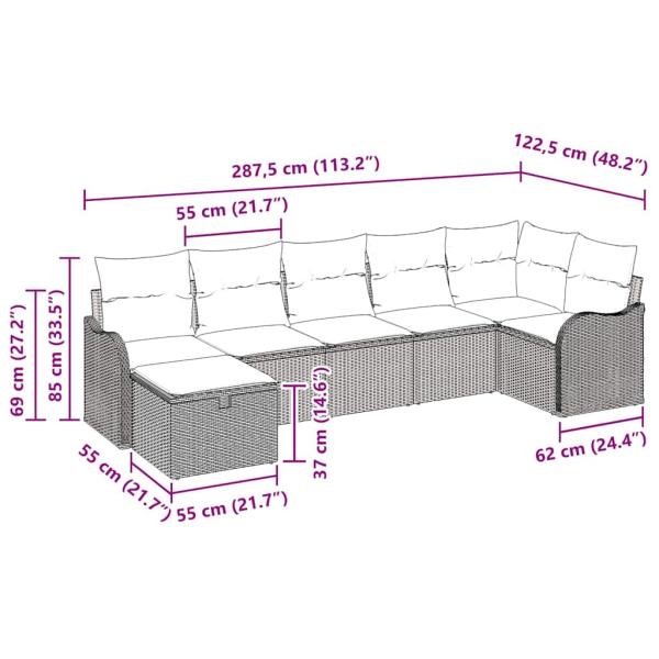 7-teiliges Garten Sofa Set mit Kissen Grau Poly Rattan, 2-Sitzer Garten Sofa mit Kissen Grau Poly Rattan