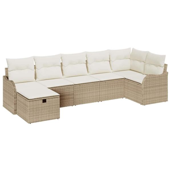 7-teiliges Garten Sofa Set mit Kissen Beige Poly Rattan, 2-Sitzer Garten Sofa mit Kissen Beige Poly Rattan