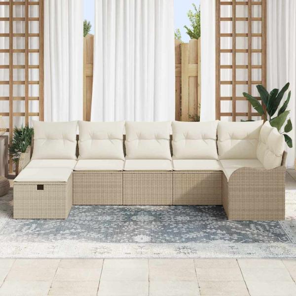 7-teiliges Garten Sofa Set mit Kissen Beige Poly Rattan, 2-Sitzer Garten Sofa mit Kissen Beige Poly Rattan