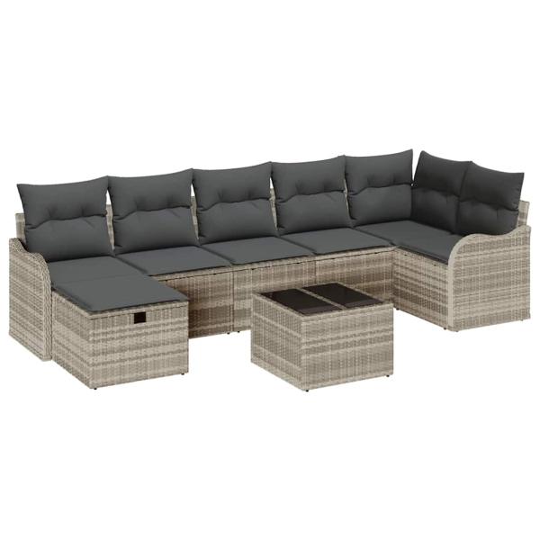 8tlg. Garten Sofa Set mit Kissen Hellgrau Poly Rattan, 2-Sitzer Garten Sofa mit Kissen Hellgrau Poly Rattan