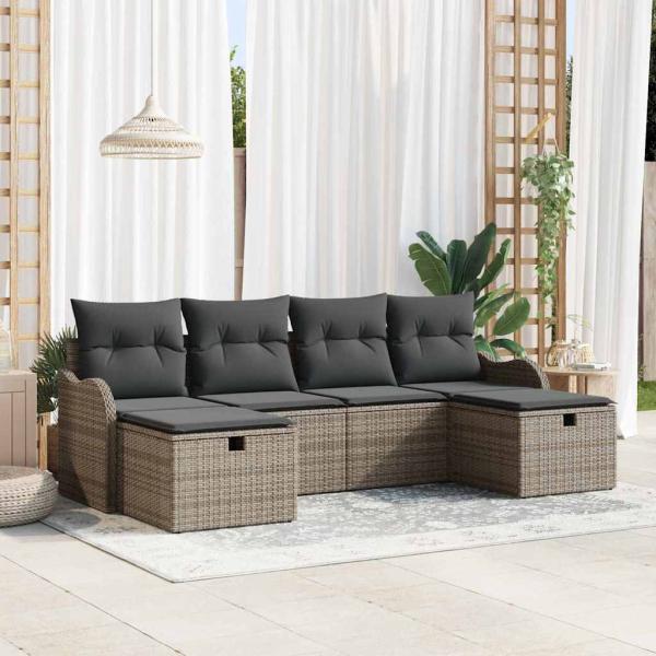 ARDEBO.de - 6-teiliges Garten Sofa Set mit Kissen in grauem Poly Rattan, 2-Sitzer Garten Sofa mit Kissen in grauem Poly Rattan