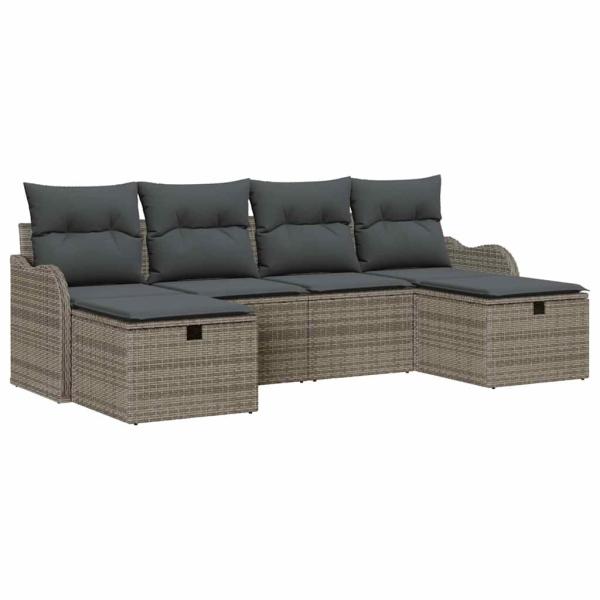 6-teiliges Garten Sofa Set mit Kissen in grauem Poly Rattan, 2-Sitzer Garten Sofa mit Kissen in grauem Poly Rattan