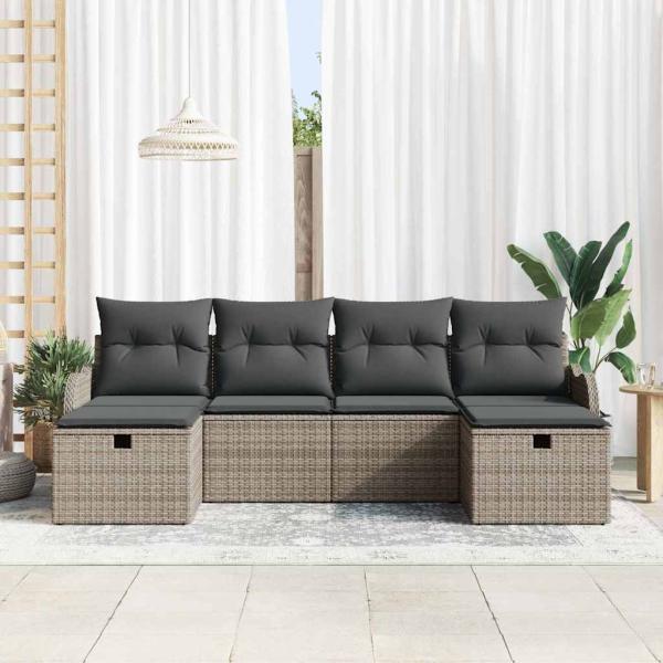 6-teiliges Garten Sofa Set mit Kissen in grauem Poly Rattan, 2-Sitzer Garten Sofa mit Kissen in grauem Poly Rattan