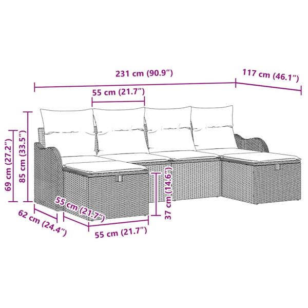 6-teiliges Garten Sofa Set mit Kissen in grauem Poly Rattan, 2-Sitzer Garten Sofa mit Kissen in grauem Poly Rattan