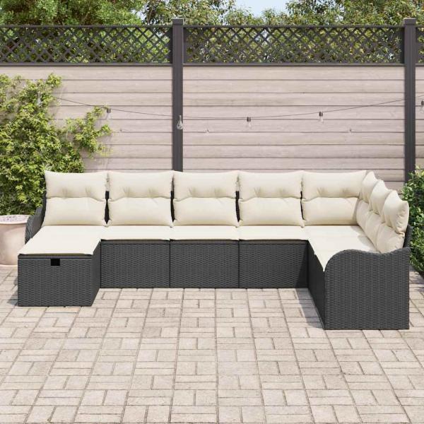 8-teilige Garten Sofa Set mit Kissen Schwarz Poly Rattan, 2-Sitzer Garten Sofa mit Kissen Schwarz Poly Rattan