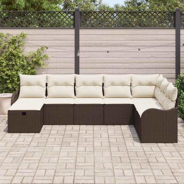 8-teiliges Garten-Sofa-Set mit Kissen, braunes Poly-Rattan, 2-Sitzer Garten-Sofa mit Kissen, braunes Poly-Rattan