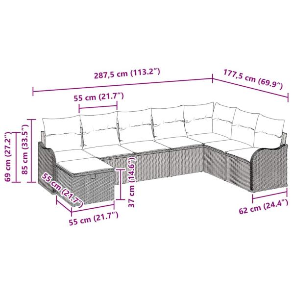8teiliges Garten Sofa Set mit Kissen Grau Poly Rattan, 2-Sitzer Garten Sofa mit Kissen Grau Poly Rattan