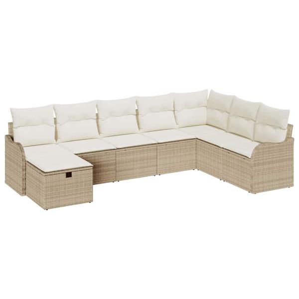 8-teilige Garten Sofa Set mit Kissen Beige Poly Rattan, 2-Sitzer Garten Sofa mit Kissen Beige Poly Rattan