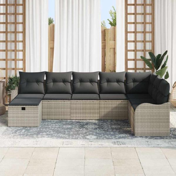 8 teiliges Garten Sofa Set mit Kissen Hellgrau Poly Rattan, 2-Sitzer Garten Sofa mit Kissen Hellgrau Poly Rattan