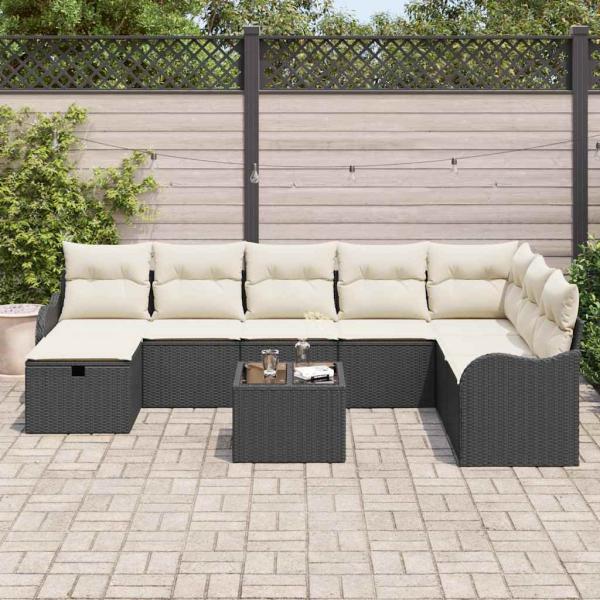 9-teiliges Garten Sofa Set mit Kissen Schwarz Poly Rattan, 2-Sitzer Garten Sofa mit Kissen Schwarz Poly Rattan