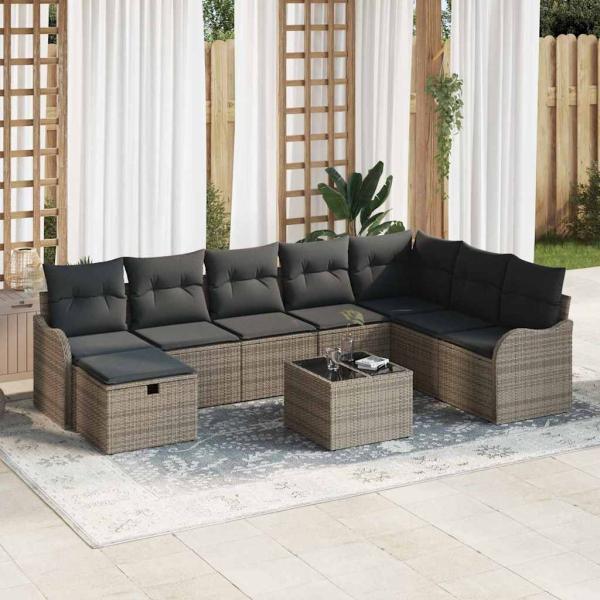 ARDEBO.de - 9-teilige Gartensofa Set mit Kissen Grau Poly Rattan, 2-Sitzer Gartensofa mit Kissen Grau Poly Rattan