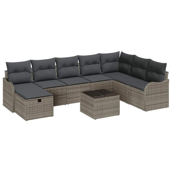 9-teilige Gartensofa Set mit Kissen Grau Poly Rattan, 2-Sitzer Gartensofa mit Kissen Grau Poly Rattan
