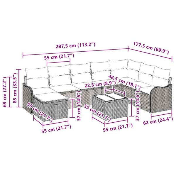 9-teilige Gartensofa Set mit Kissen Grau Poly Rattan, 2-Sitzer Gartensofa mit Kissen Grau Poly Rattan