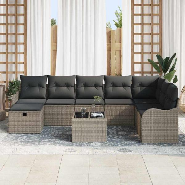 9-teilige Gartensofa Set mit Kissen Grau Poly Rattan, 2-Sitzer Gartensofa mit Kissen Grau Poly Rattan