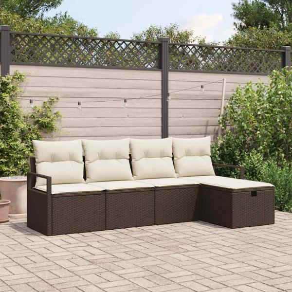 ARDEBO.de - 5-teiliges Garten Sofa Set mit Kissen Braun Poly Rattan, 2-Sitzer Garten Sofa mit Kissen Braun Poly Rattan