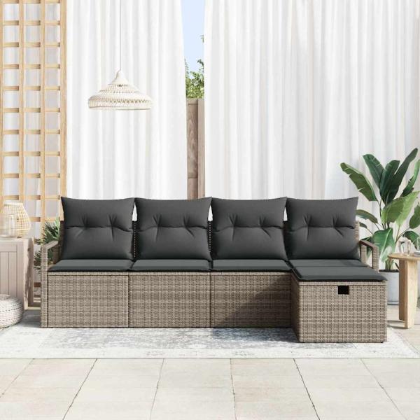 ARDEBO.de - 5-teiliges Garten Sofa Set mit Kissen Grau Poly Rattan, 2-Sitzer Garten Sofa mit Kissen Grau Poly Rattan
