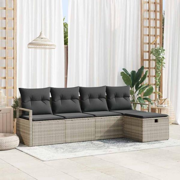 ARDEBO.de - 5-teilige Garten Sofa Set mit Kissen Hellgrau Poly Rattan, 2-Sitzer Garten Sofa mit Kissen Grau Poly Rattan