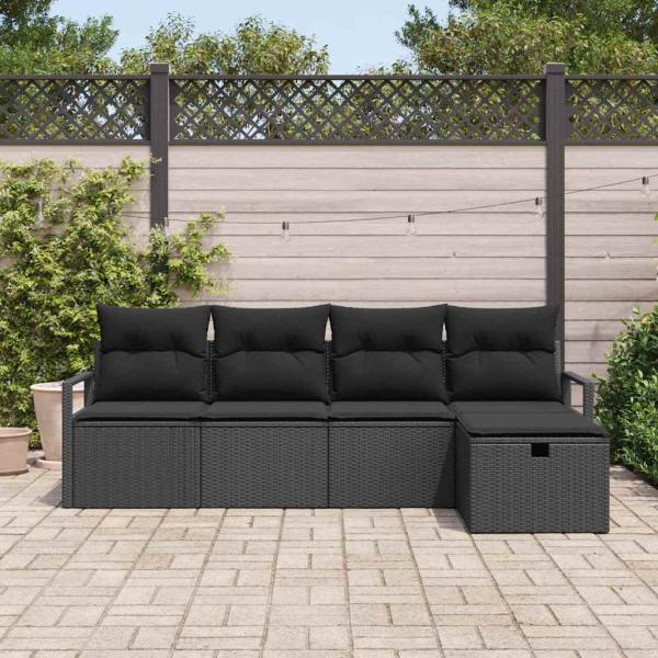 ARDEBO.de - 5-teiliges Garten-Sofa-Set mit Kissen Schwarz Poly-Rattan, 2-Sitzer Garten-Sofa mit Kissen Schwarz Poly-Rattan