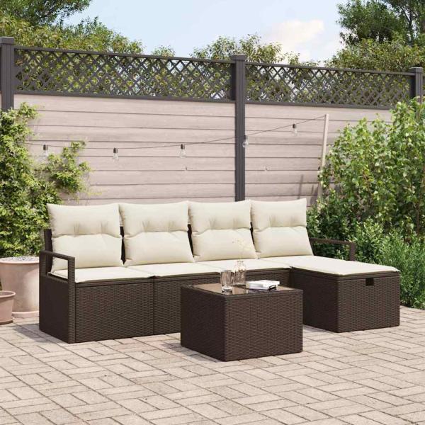 ARDEBO.de - 6-teiliges Garten Sofa Set mit Kissen Braun Poly Rattan, 2-Sitzer Garten Sofa mit Kissen Braun Poly Rattan