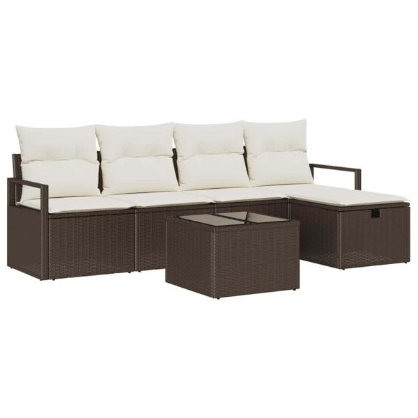 6-teiliges Garten Sofa Set mit Kissen Braun Poly Rattan, 2-Sitzer Garten Sofa mit Kissen Braun Poly Rattan
