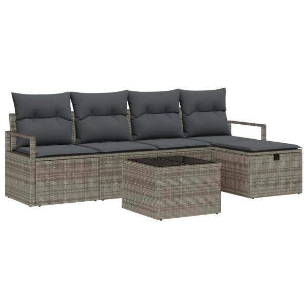 ARDEBO.de - 6-teiliges Garten Sofa Set mit Kissen grau Poly Rattan, 2-Sitzer Garten Sofa mit Kissen grau Poly Rattan