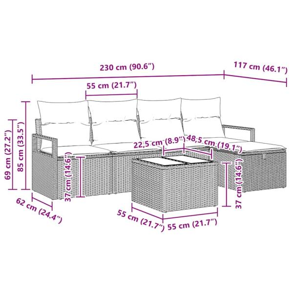 6-teiliges Garten Sofa Set mit Kissen grau Poly Rattan, 2-Sitzer Garten Sofa mit Kissen grau Poly Rattan