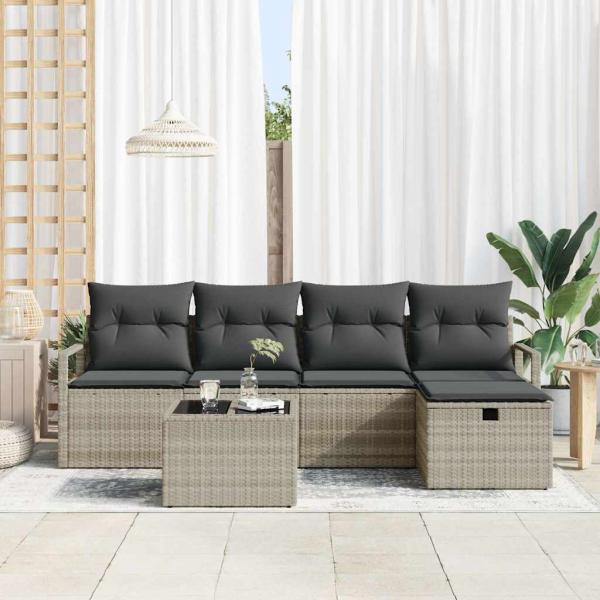 ARDEBO.de - 6-teiliges Garten Sofa Set mit Kissen Hellgrau Poly Rattan, 2-Sitzer Garten Sofa mit Kissen Grau Poly Rattan