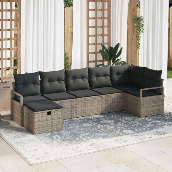 ARDEBO.de - 7-teiliges Garten Sofa Set mit Kissen Grau Poly Rattan, 2-Sitzer Garten Sofa mit Kissen Grau Poly Rattan