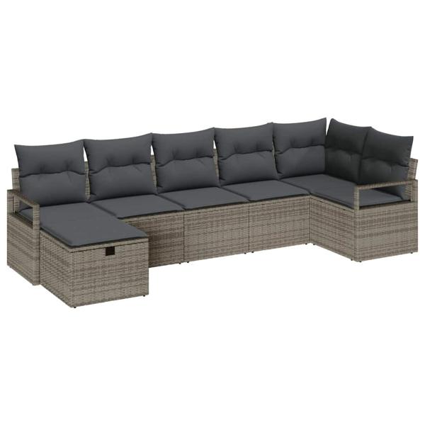 7-teiliges Garten Sofa Set mit Kissen Grau Poly Rattan, 2-Sitzer Garten Sofa mit Kissen Grau Poly Rattan