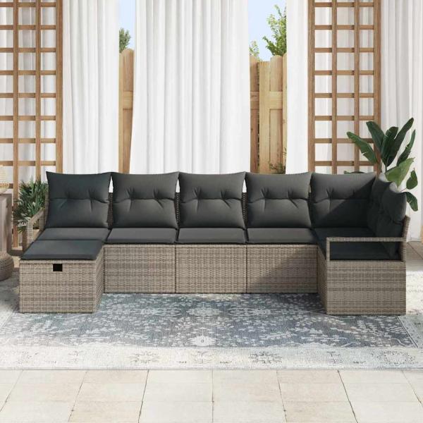7-teiliges Garten Sofa Set mit Kissen Grau Poly Rattan, 2-Sitzer Garten Sofa mit Kissen Grau Poly Rattan