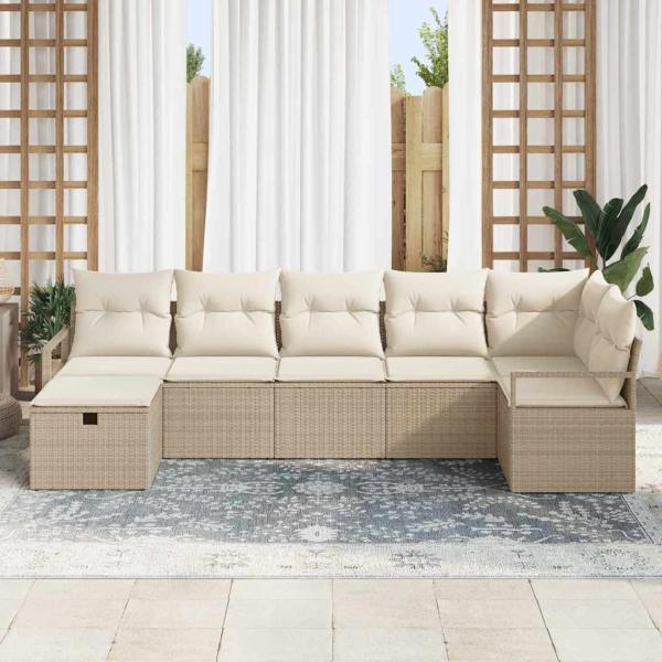 7-teiliges Garten-Sofaset mit Kissen Beige Poly-Rattan, 2-Sitzer Garten-Sofa mit Kissen Beige Poly-Rattan