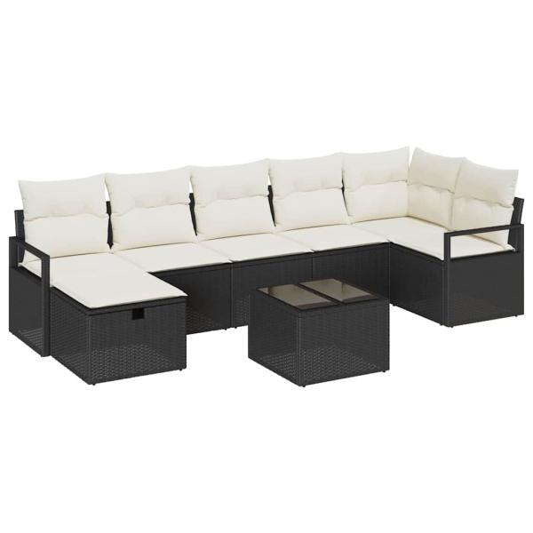 8-teiliges Garten-Sofa-Set mit Kissen Schwarz Poly Rattan, 2-Sitzer Garten-Sofa mit Kissen Schwarz Poly Rattan