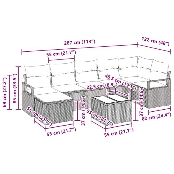 8-teiliges Garten-Sofa-Set mit Kissen Braunes Poly-Rattan, 2-Sitzer Garten-Sofa mit Kissen Braunes Poly-Rattan