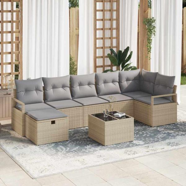 ARDEBO.de - 8-teiliges Garten Sofa Set mit Kissen Beige Poly Rattan, 2-Sitzer Garten Sofa mit Kissen Beige Poly Rattan