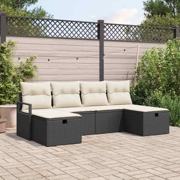 ARDEBO.de - 6-teiliges Garten Sofa Set mit Kissen Schwarzes Poly Rattan, 2-Sitzer Garten Sofa mit Kissen Schwarzes Poly Rattan