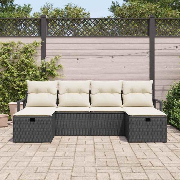 6-teiliges Garten Sofa Set mit Kissen Schwarzes Poly Rattan, 2-Sitzer Garten Sofa mit Kissen Schwarzes Poly Rattan