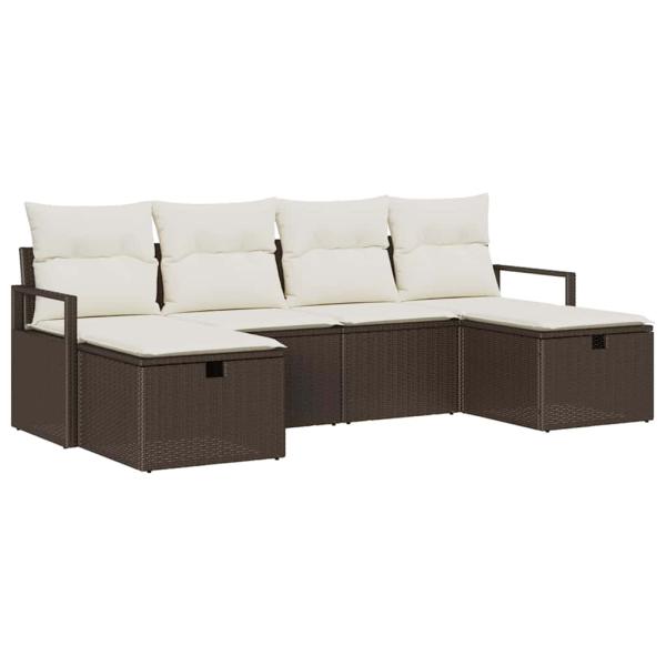 6-teiliges Garten Sofa Set mit Kissen Braun Poly Rattan, 2-Sitzer Garten Sofa mit Kissen Braun Poly Rattan