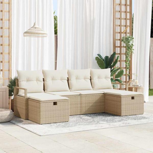 ARDEBO.de - 6-teiliges Garten Sofa Set mit Kissen Beige Poly Rattan, 2-Sitzer Garten Sofa mit Kissen Beige Poly Rattan