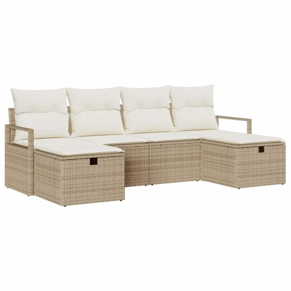 6-teiliges Garten Sofa Set mit Kissen Beige Poly Rattan, 2-Sitzer Garten Sofa mit Kissen Beige Poly Rattan