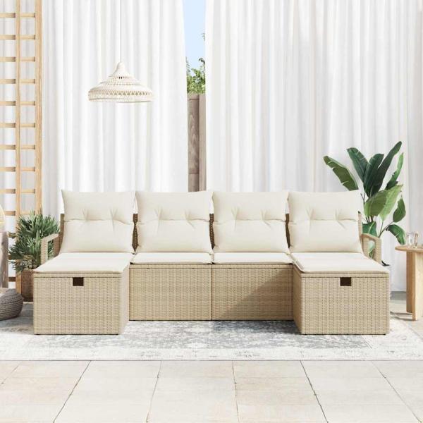 6-teiliges Garten Sofa Set mit Kissen Beige Poly Rattan, 2-Sitzer Garten Sofa mit Kissen Beige Poly Rattan
