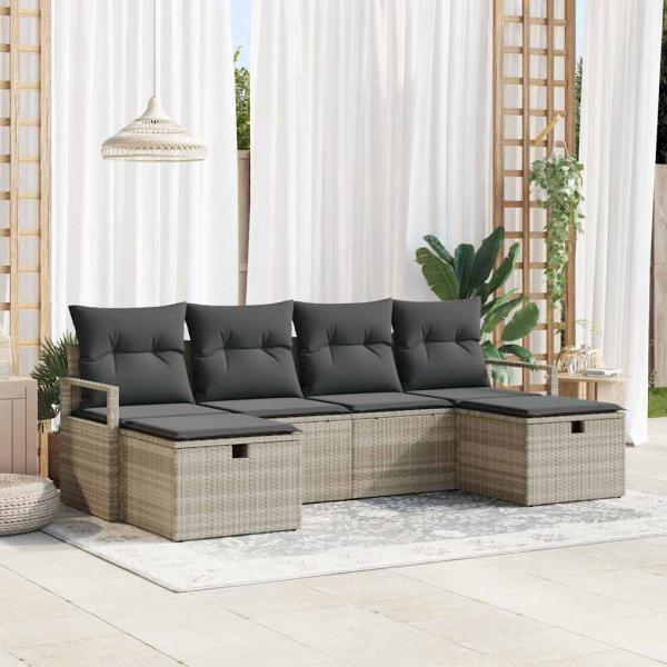 ARDEBO.de - 6-teiliges Garten Sofa Set mit Kissen Hellgrau Poly Rattan, 2-Sitzer Garten Sofa mit Kissen Grau Poly Rattan