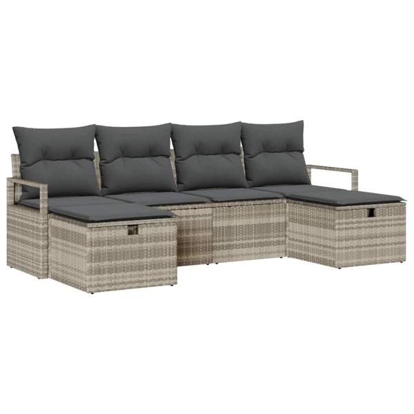 6-teiliges Garten Sofa Set mit Kissen Hellgrau Poly Rattan, 2-Sitzer Garten Sofa mit Kissen Grau Poly Rattan