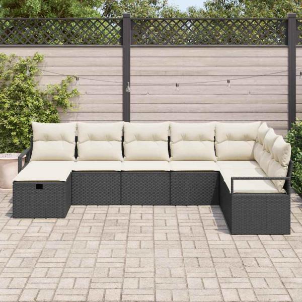 8-teiliges Garten-Sofa-Set mit Kissen schwarzes Poly-Rattan, 2-Sitzer Garten-Sofa mit Kissen schwarzes Poly-Rattan
