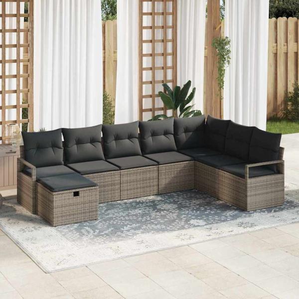 ARDEBO.de - 8-teiliges Garten Sofa Set mit Kissen Grau Poly Rattan, 2-Sitzer Garten Sofa mit Kissen Grau Poly Rattan