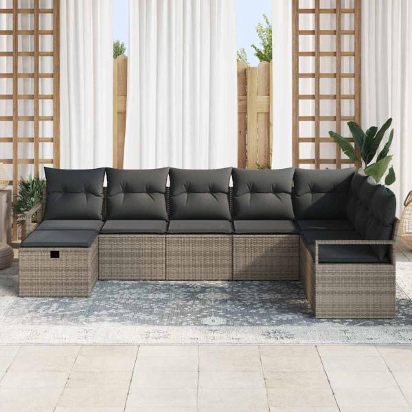 8-teiliges Garten Sofa Set mit Kissen Grau Poly Rattan, 2-Sitzer Garten Sofa mit Kissen Grau Poly Rattan