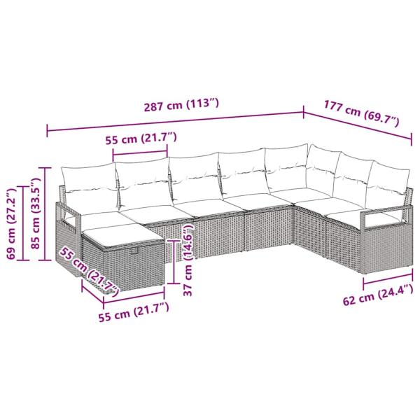 8-teiliges Garten Sofa Set mit Kissen Grau Poly Rattan, 2-Sitzer Garten Sofa mit Kissen Grau Poly Rattan